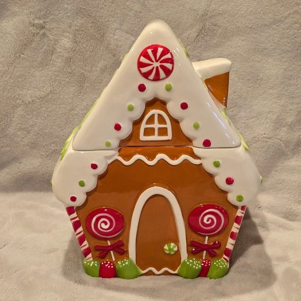 Sleigh Bell Bistro Gingerbread House Ceramic Cookie Jar Holiday Candy Canister‎